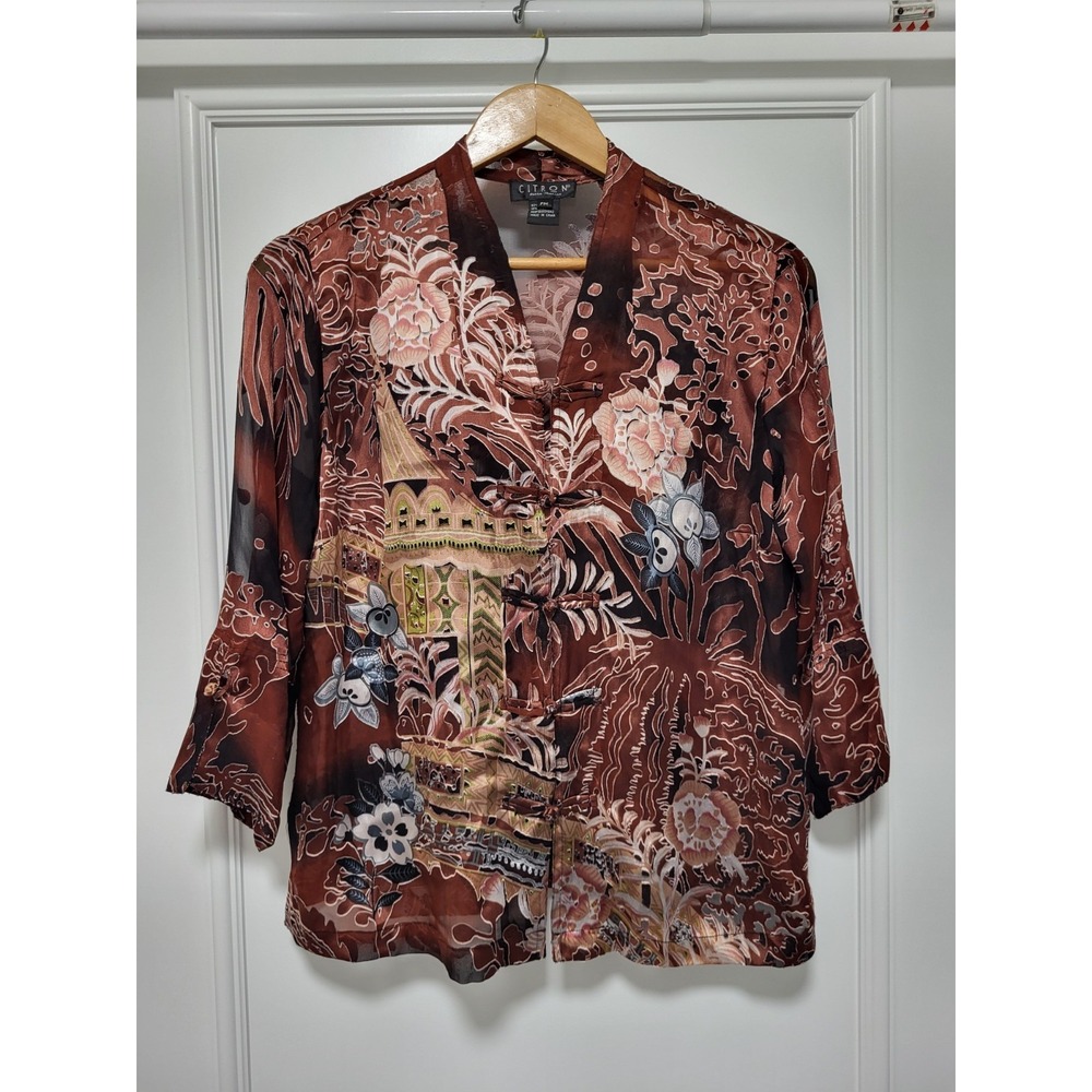 Citron Brown Silk Blend Sheer Asian Button Up 3/4 Sleeve Top Sz Mp